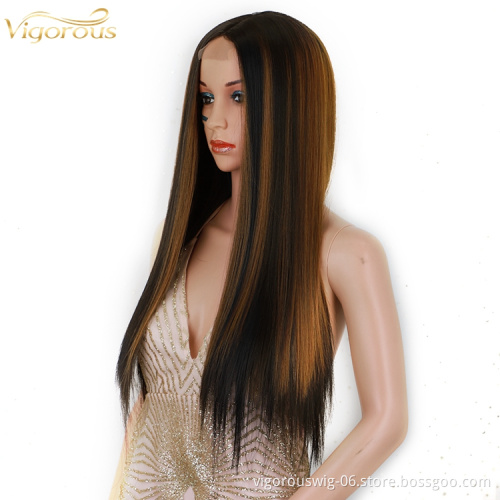 Long Straight Hair Extension Wigs 26 Inches Highlight Heat Resistant Full Cheap Women Synthetic Hair Wig With Lace Front